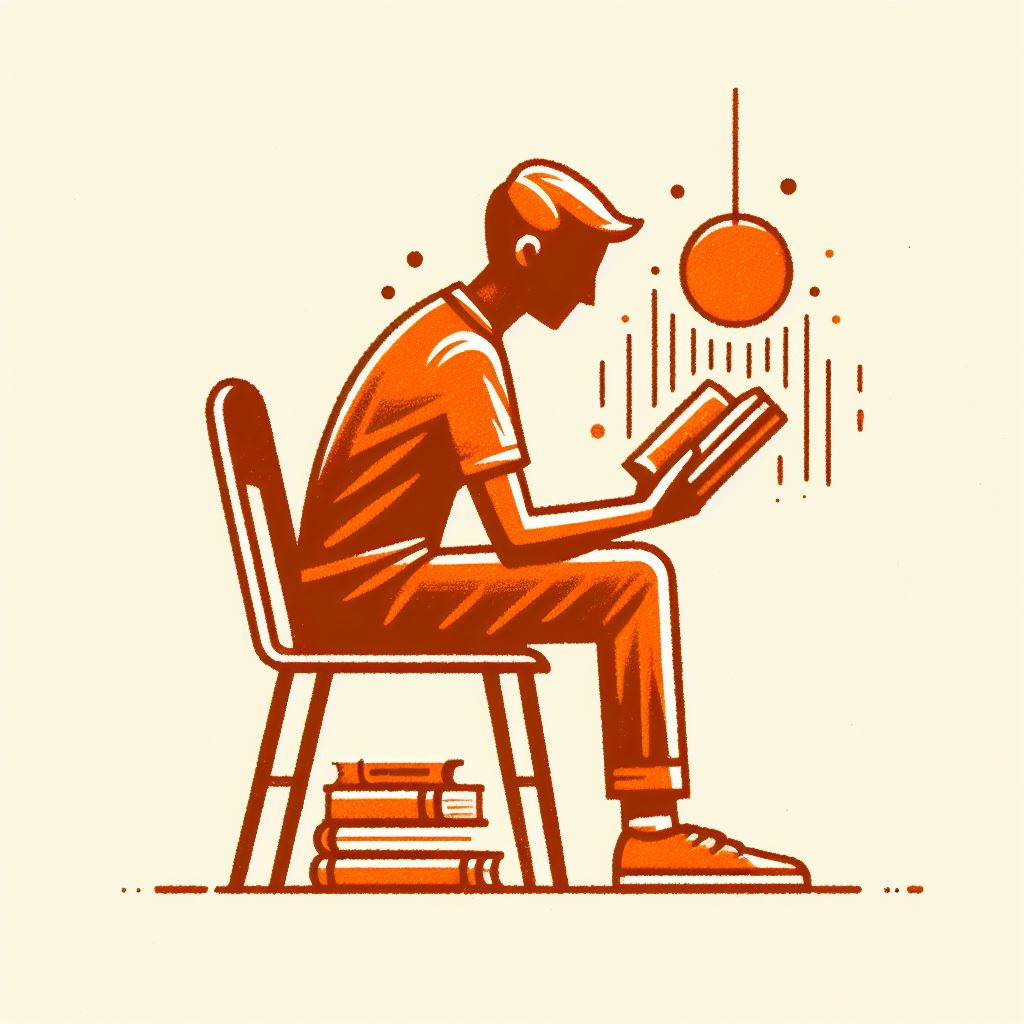 Gezeichnete Person sitzt auf einem Stuhl und liest in einem Buch, daneben ein Bücherstapel.