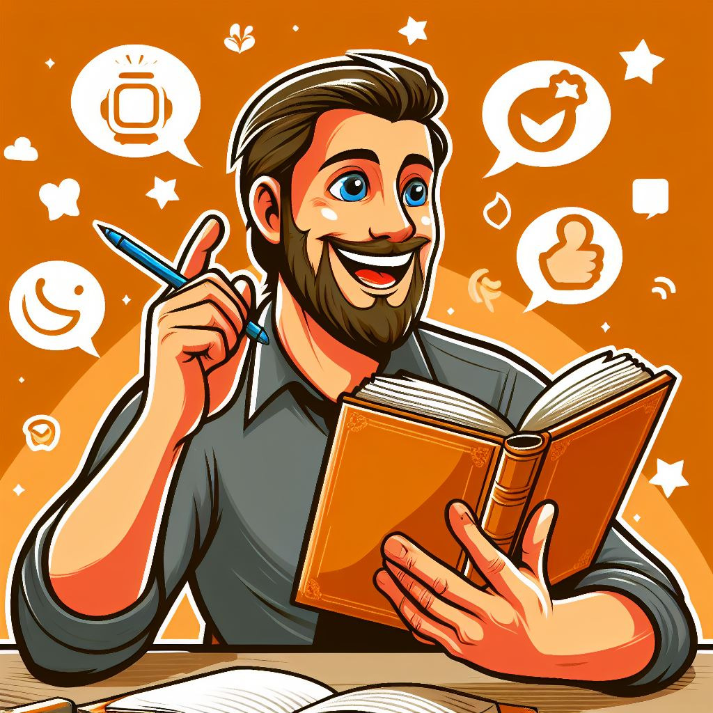 Gezeichneter lachender Mann mit Bart hält ein Buch und einen Stift, umgeben von Sprechblasen mit Symbolen.
